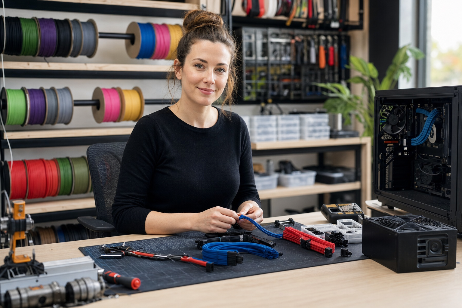 Sarah Fontaine, fondatrice de l'atelier Câblage, à son établi