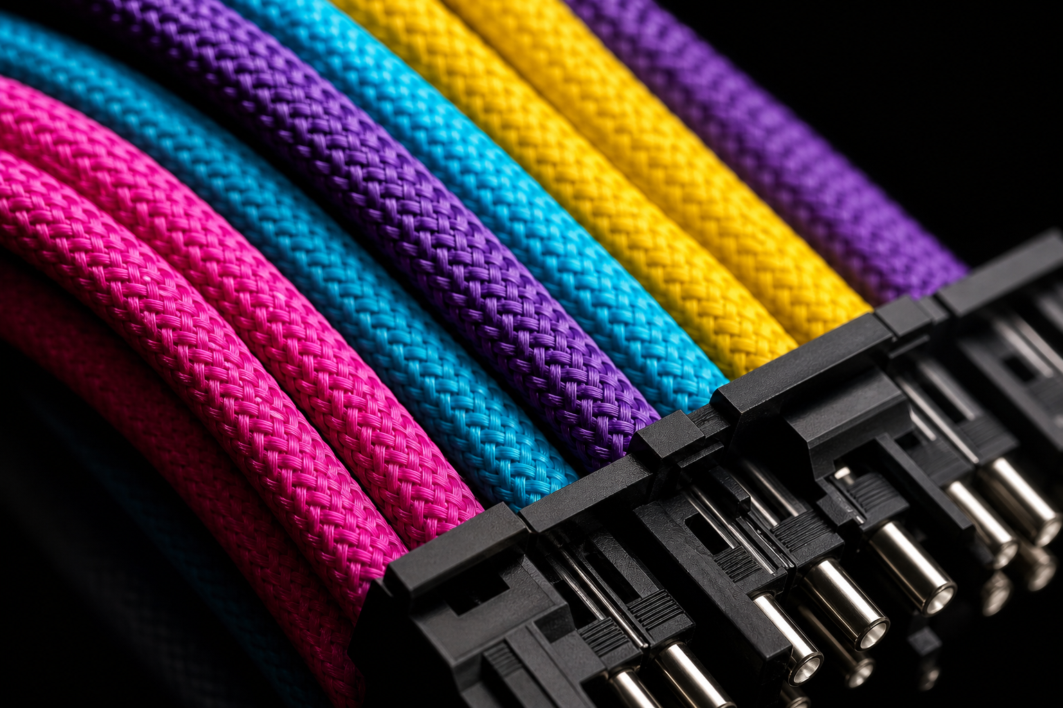 Câbles PC gainés sur-mesure aux couleurs vives, atelier Câblage Aix-en-Provence